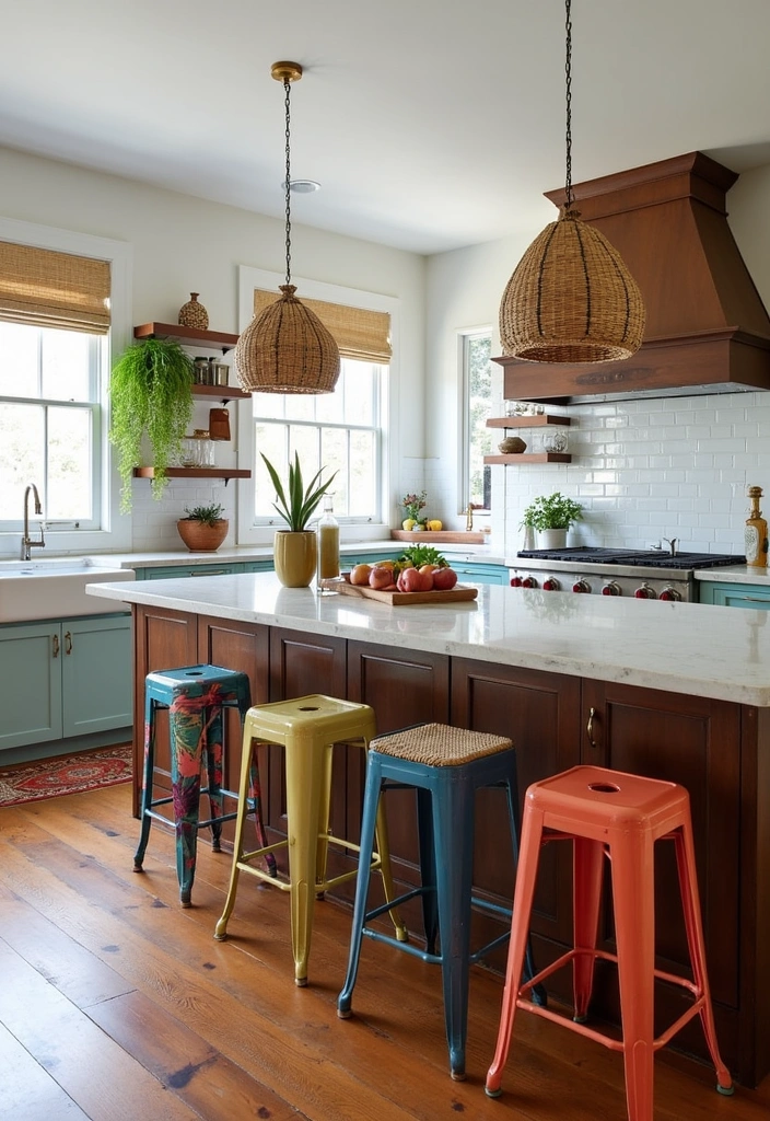 21+ Chic Boho Kitchen Ideas - 16. Statement Bar Stools
