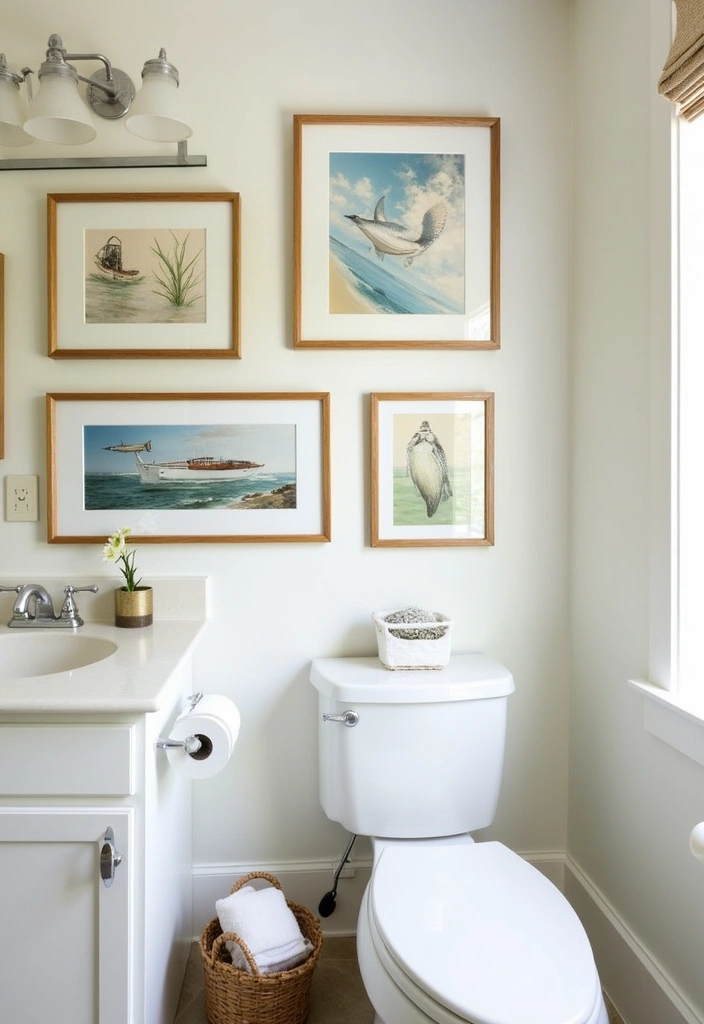 21+ Coastal Bathroom Ideas for a Beachy Retreat - 13. Coastal Artwork