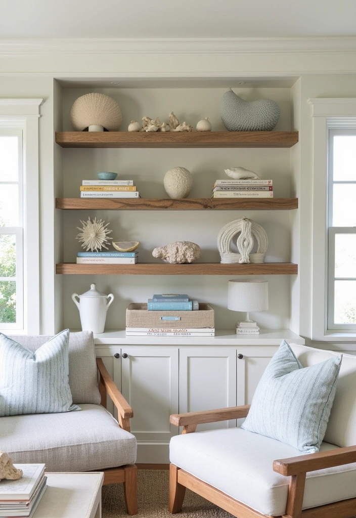 21+ Coastal Living Room Ideas - 12. Coastal-inspired Shelving