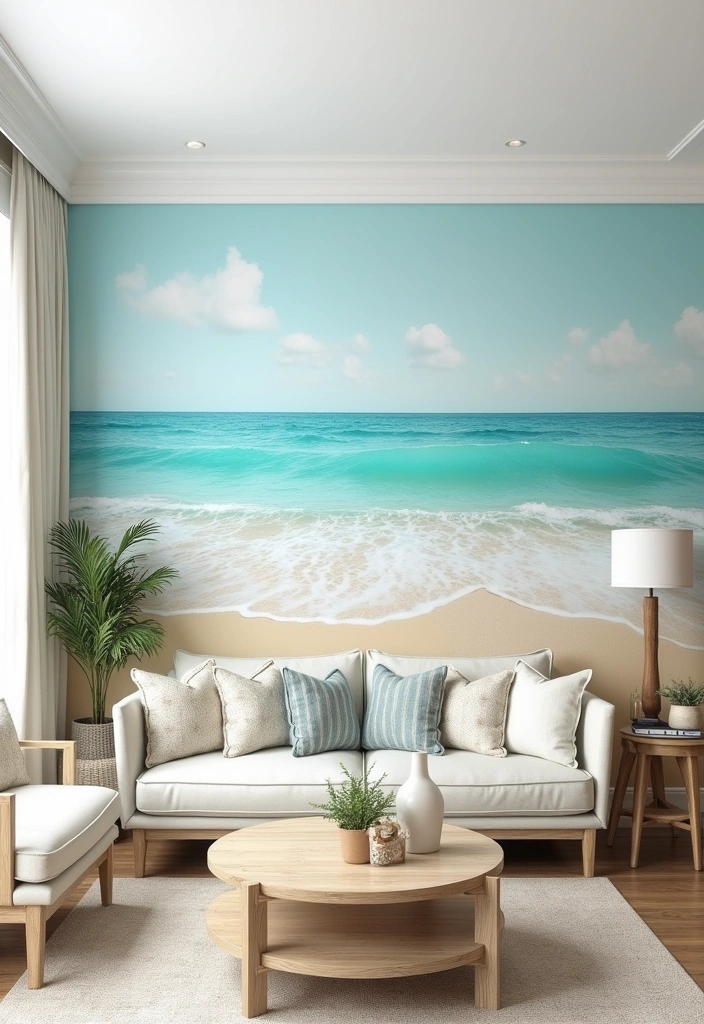 21+ Coastal Living Room Ideas - 13. Accent Wall with Wallpaper