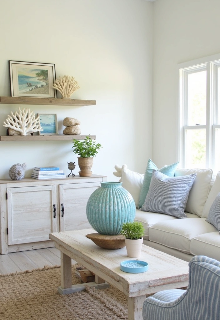 21+ Coastal Living Room Ideas - 16. Beachy Accent Pieces