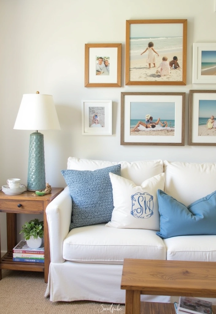 21+ Coastal Living Room Ideas - 19. Personalized Coastal Decor
