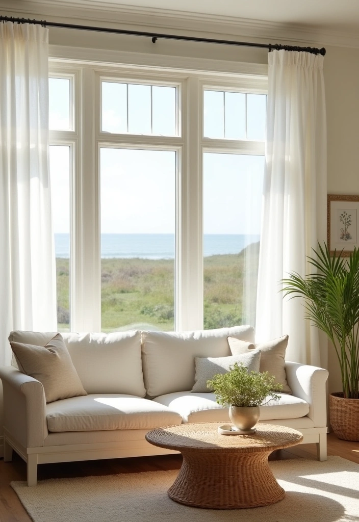 21+ Coastal Living Room Ideas - 6. Light and Airy Curtains