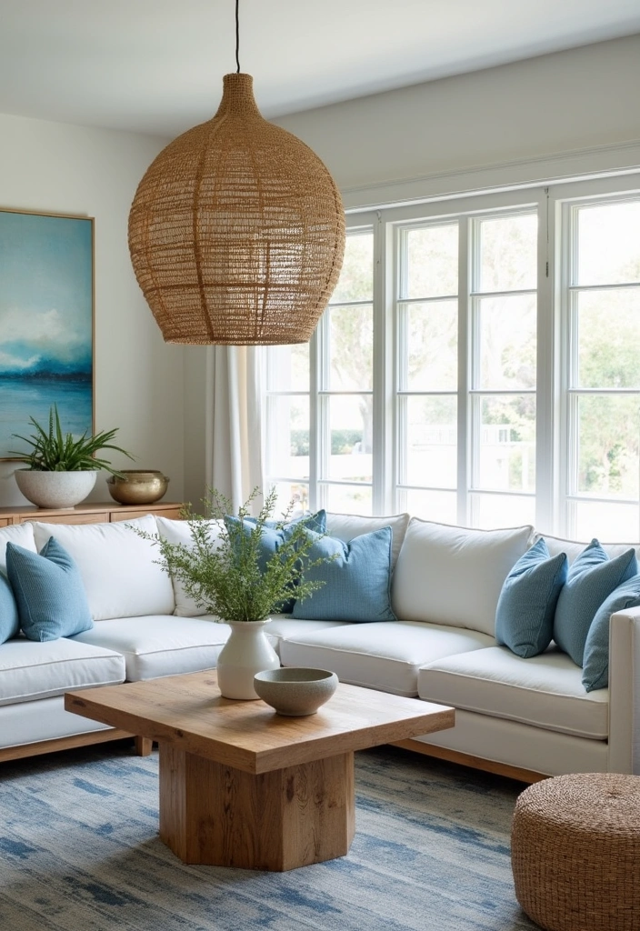 21+ Coastal Living Room Ideas - 9. Statement Light Fixtures