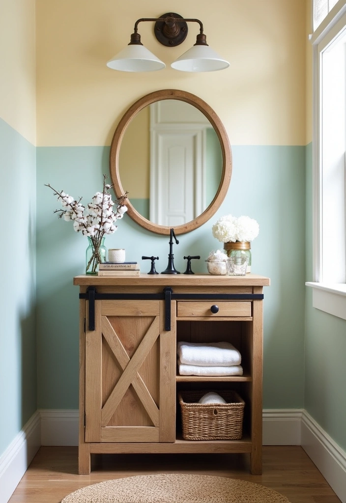 21+ Creative Farmhouse Bathroom Ideas - 1. Vintage Vanity with Barn Door