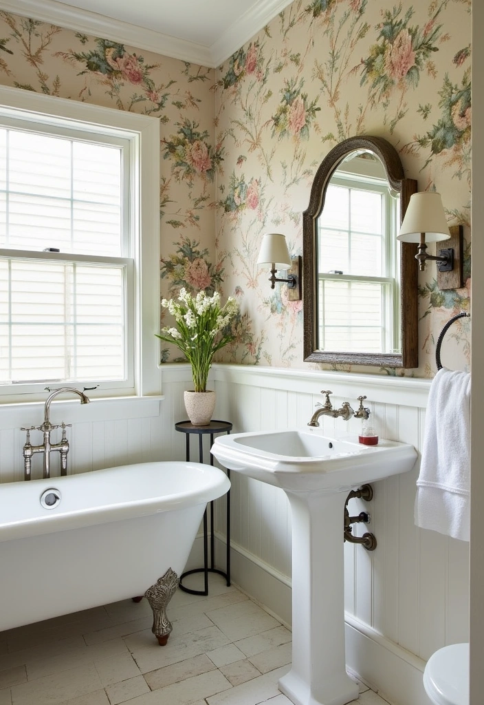 21+ Creative Farmhouse Bathroom Ideas - 13. Farmhouse Wallpaper