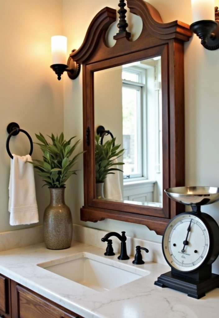 21+ Creative Farmhouse Bathroom Ideas - 15. Antique Accent Pieces
