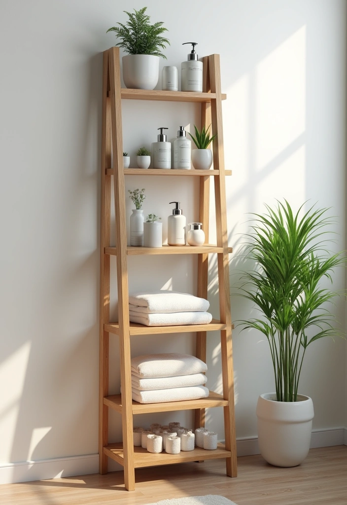 21+ Creative Farmhouse Bathroom Ideas - 16. Freestanding Shelves