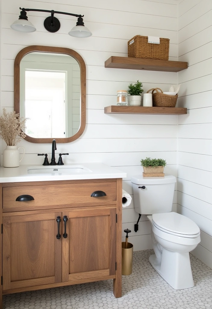 21+ Creative Farmhouse Bathroom Ideas - 17. Rustic Wood Accents
