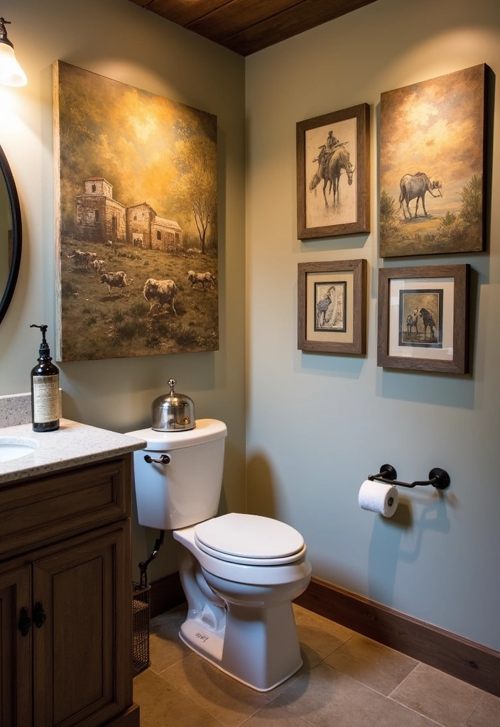 21+ Creative Farmhouse Bathroom Ideas - 21. Artistic Wall Decor