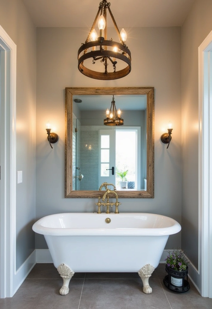 21+ Creative Farmhouse Bathroom Ideas - 3. Rustic Lighting Fixtures