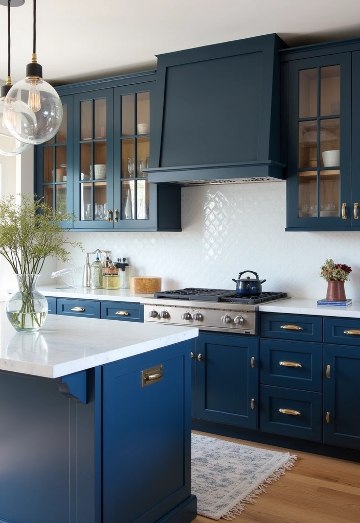 21+ Dark Blue Kitchen for Modern Home Ideas - 11. Dark Blue and Glass Accents