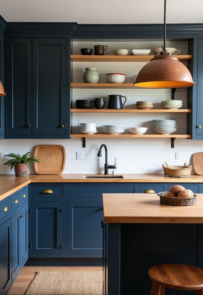 21+ Dark Blue Kitchen for Modern Home Ideas - 5. Dark Blue with Wood Accents