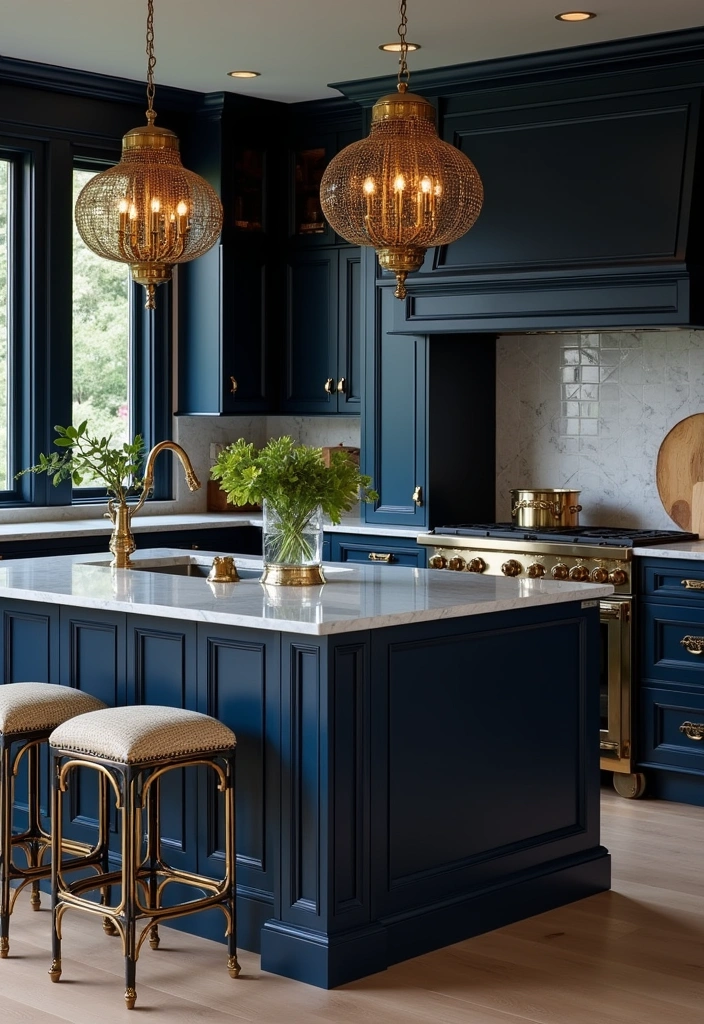 21+ Dark Blue Kitchen for Modern Home Ideas - 6. Dark Blue and Gold Accents