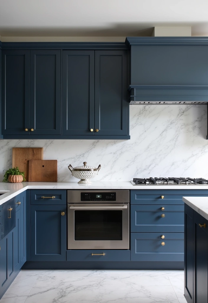 21+ Dark Blue Kitchen for Modern Home Ideas - 7. Dark Blue with White Marble
