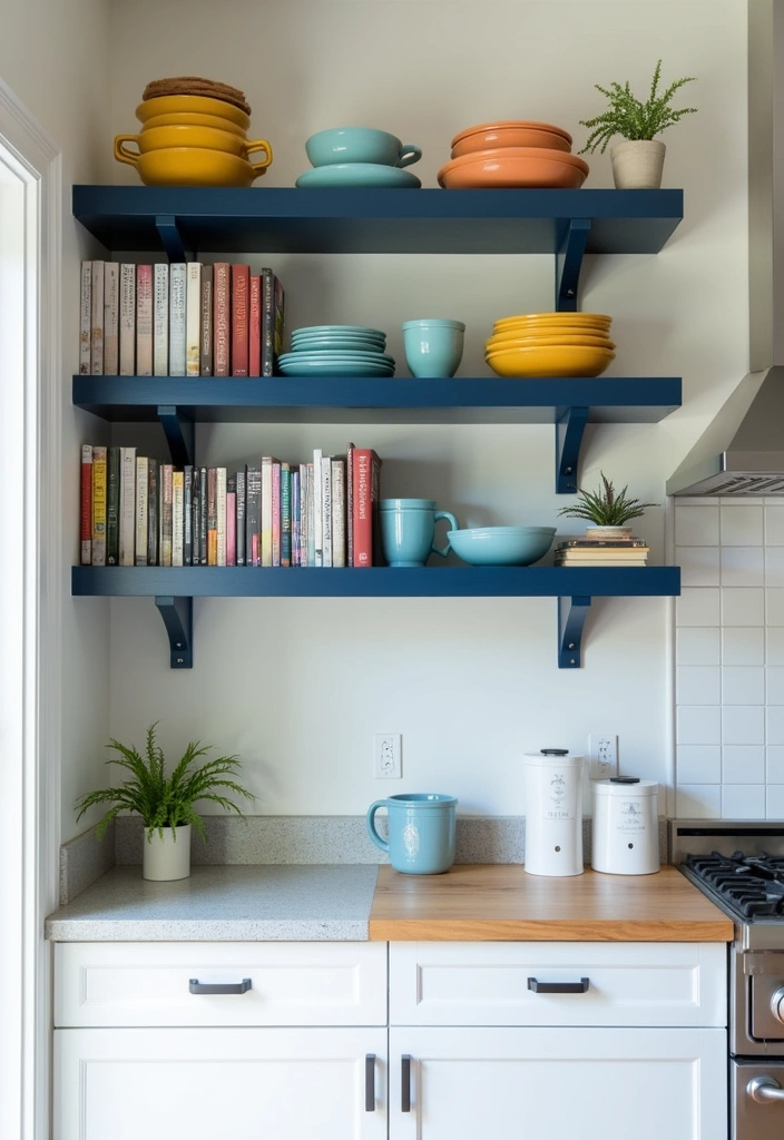 21+ Dark Blue Kitchen for Modern Home Ideas - 9. Dark Blue Open Shelving