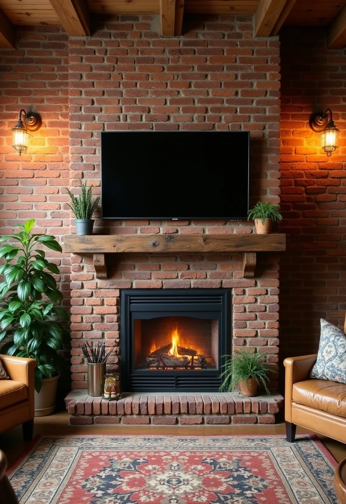 21+ Fireplace Wall Ideas With Wall Mounted TV - 1. Rustic Charm with Exposed Brick