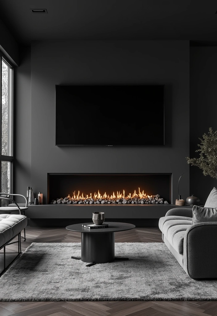 21+ Fireplace Wall Ideas With Wall Mounted TV - 16. Monochrome Magic