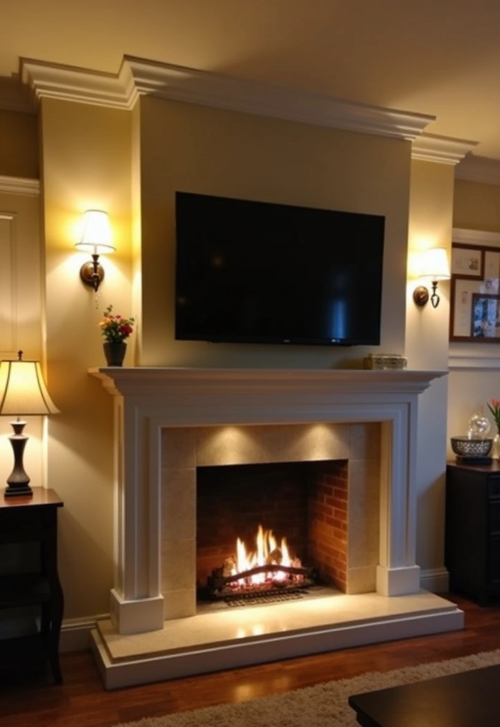 21+ Fireplace Wall Ideas With Wall Mounted TV - 21. Layered Lighting