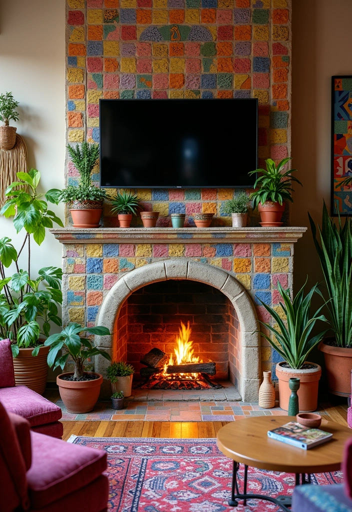 21+ Fireplace Wall Ideas With Wall Mounted TV - 3. Bohemian Vibes
