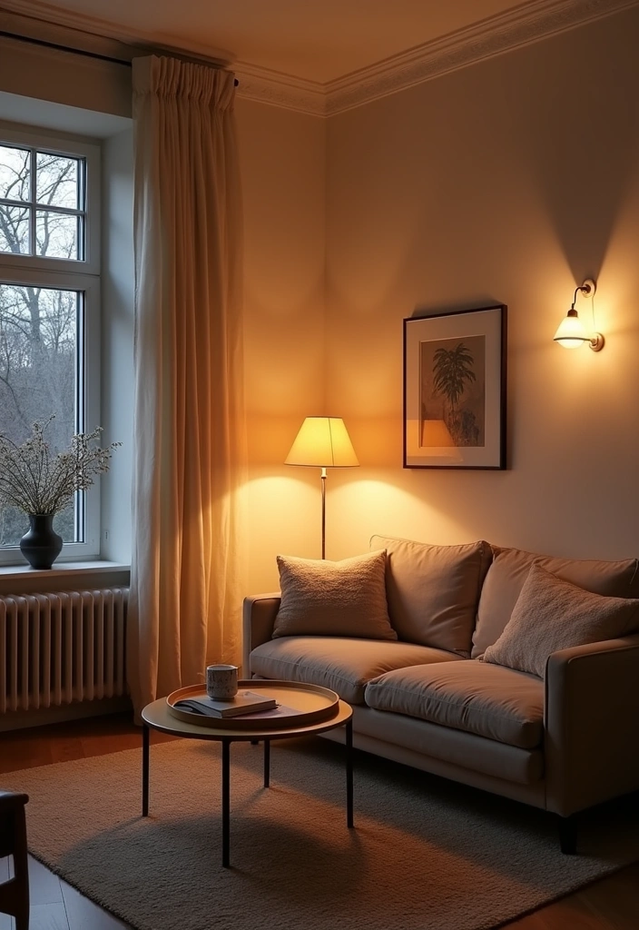 21+ Warm and Inviting Scandinavian Living Room Ideas - 12. Layered Lighting for Depth