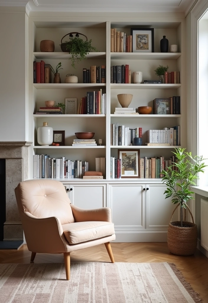 21+ Warm and Inviting Scandinavian Living Room Ideas - 15. Curated Bookshelves for Style and Function