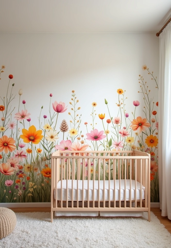 21+ Whimsical Wildflower Nursery Ideas - 16. Blooming Floral Accent Wall