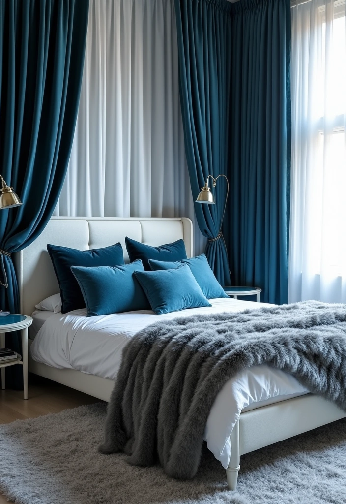 22+ Blue and White Bedroom Ideas - 10. Luxurious Textures