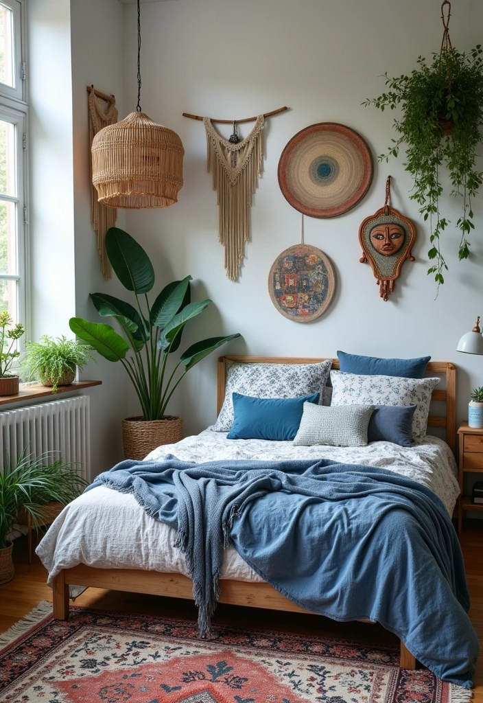 22+ Blue and White Bedroom Ideas - 11. Modern Bohemian