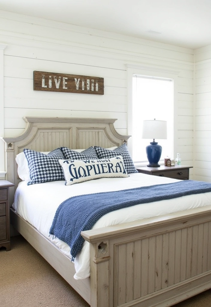 22+ Blue and White Bedroom Ideas - 12. Farmhouse Chic