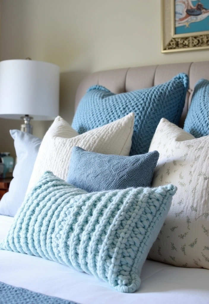 22+ Blue and White Bedroom Ideas - 15. Textured Accent Pillows