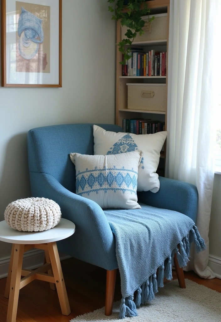 22+ Blue and White Bedroom Ideas - 19. Cozy Reading Nook