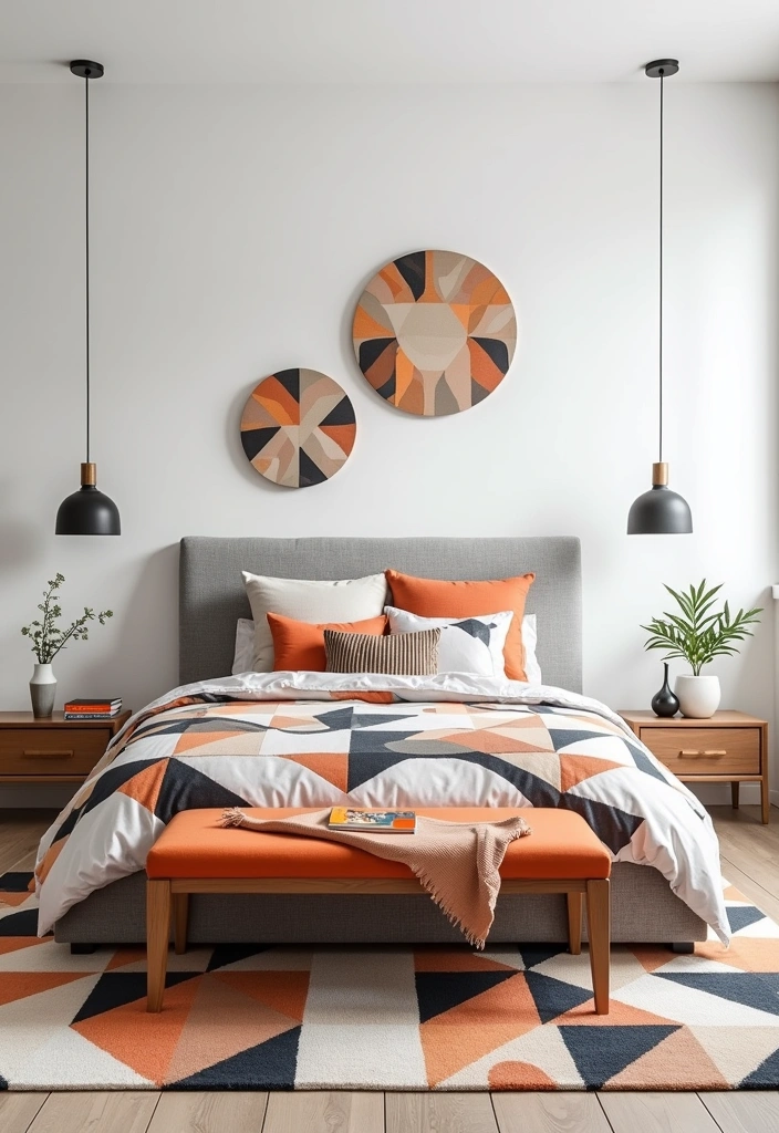 22+ Blue and White Bedroom Ideas - 3. Bold Geometric Designs