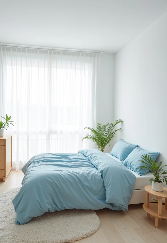 22+ Blue and White Bedroom Ideas - 5. Minimalist Serenity