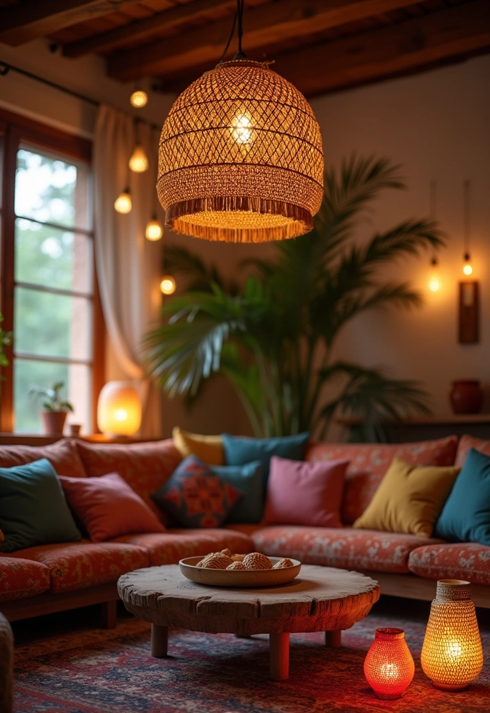 22+ Boho Living Room Ideas - 10. Statement Lighting