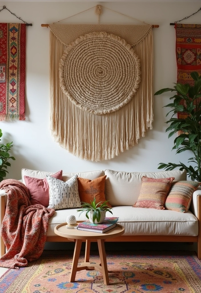 22+ Boho Living Room Ideas - 14. Wall Textiles