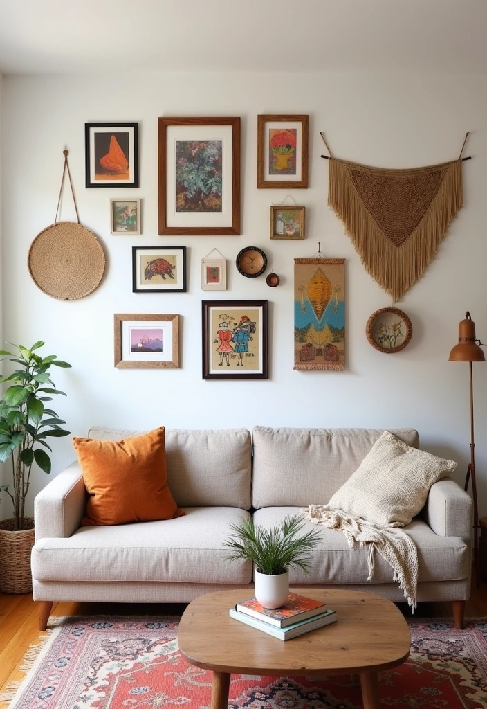 22+ Boho Living Room Ideas - 3. Eclectic Art Displays