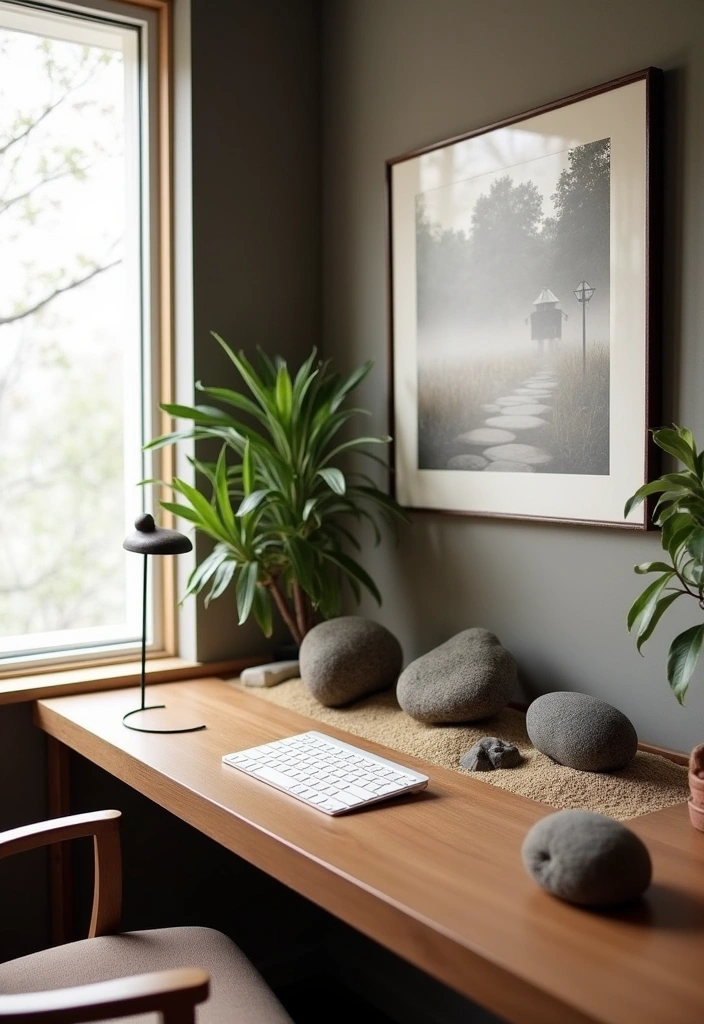 22+ Chic Japandi Home Office Ideas - 15. Zen-Inspired Accents