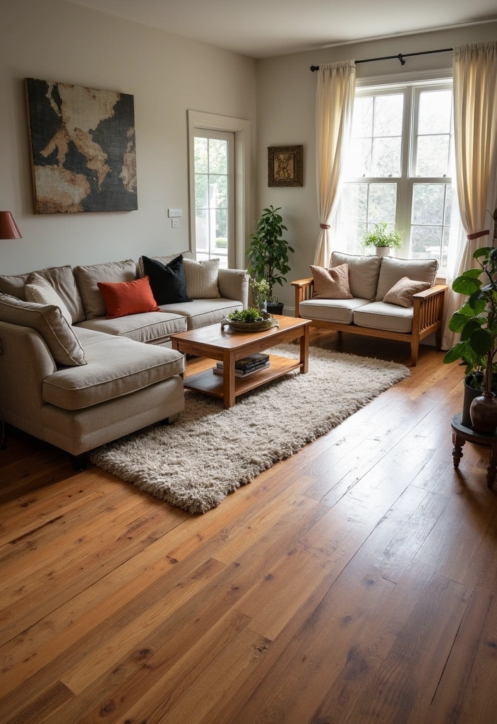 22+ Farmhouse Living Room Ideas - 9. Rustic Flooring Options