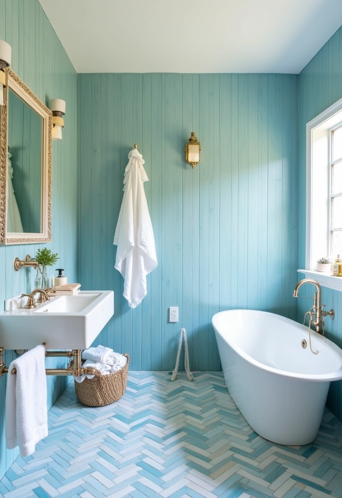 22+ Herringbone, Vertical Bathroom Tiles Ideas - 11. Ocean-Inspired Blues