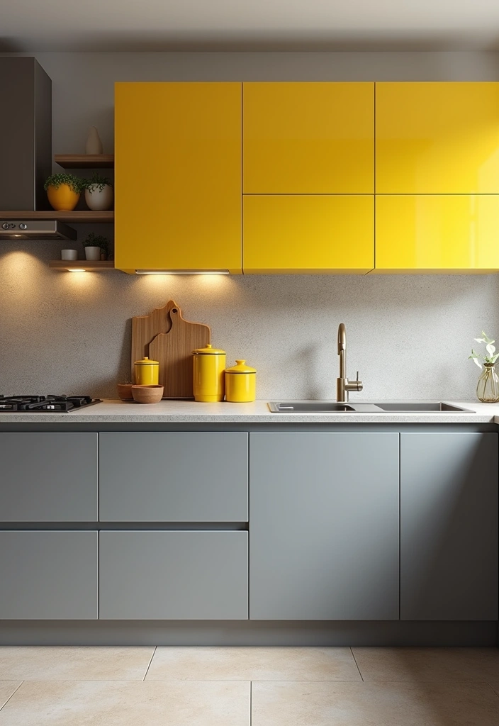 22+ Inspiring Yellow Kitchen Ideas - 12. Yellow and Gray Color Combo