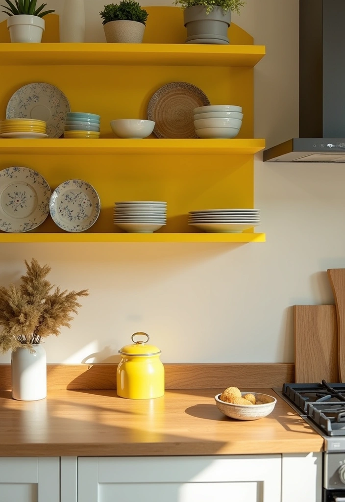 22+ Inspiring Yellow Kitchen Ideas - 13. Yellow Open Shelving