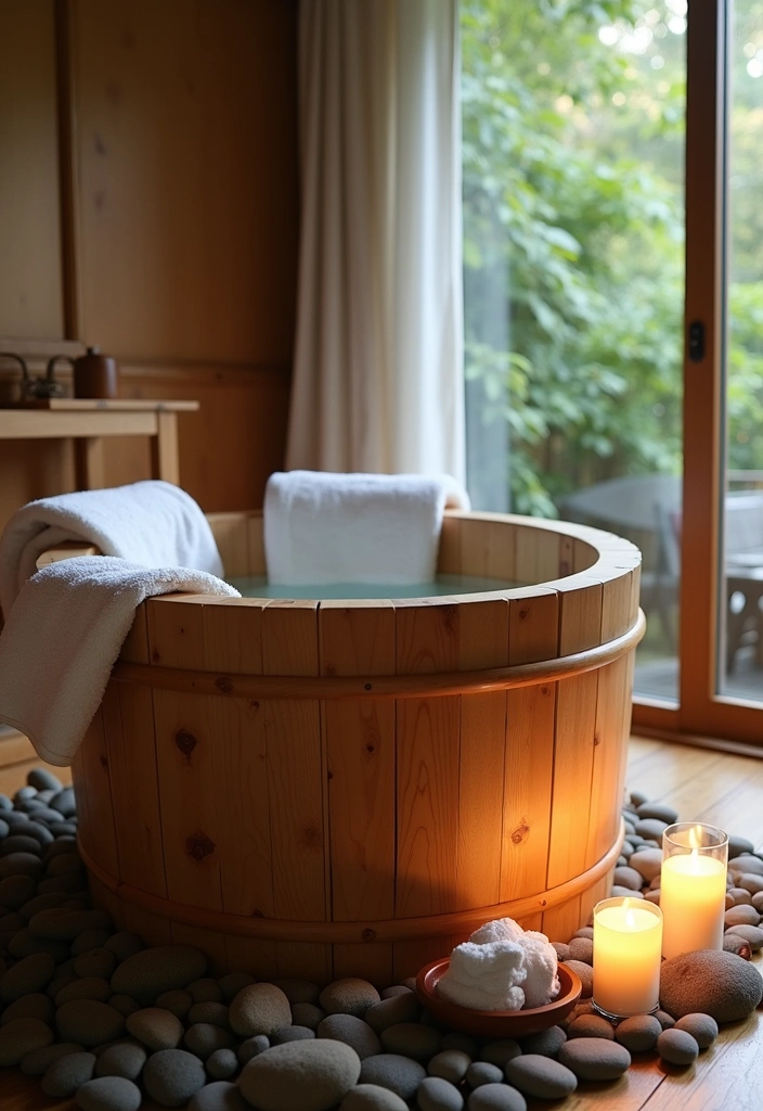 22+ Japanese Style Bathroom Ideas - 1. Minimalist Wooden Soaking Tub