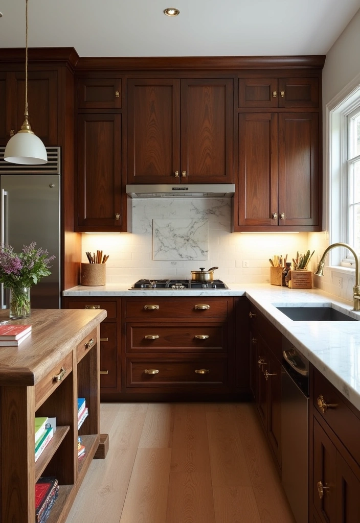 22+ Moody Farmhouse Kitchen Ideas - 1. Dark Wood Cabinets