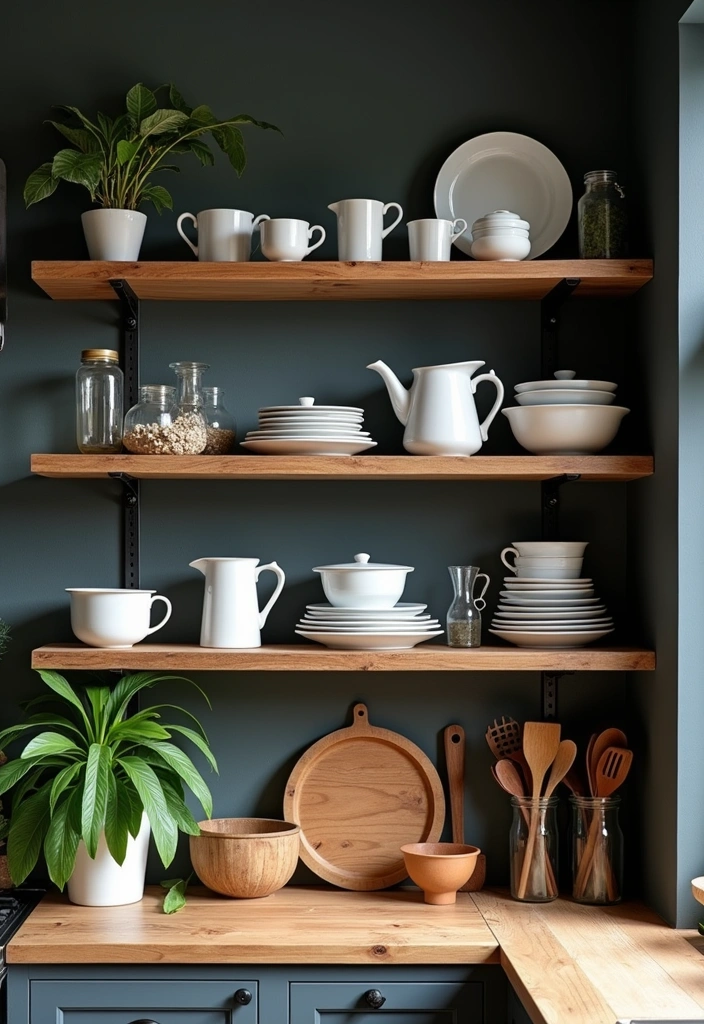 22+ Moody Farmhouse Kitchen Ideas - 4. Open Shelving