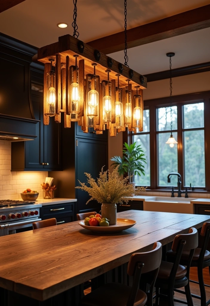 22+ Moody Farmhouse Kitchen Ideas - 7. Statement Lighting
