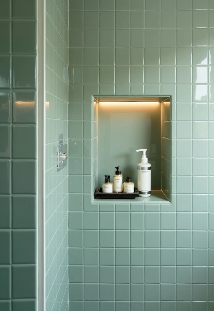 22+ Stunning Sage Green Bathroom Ideas - 10. Sage Green Shower Niche