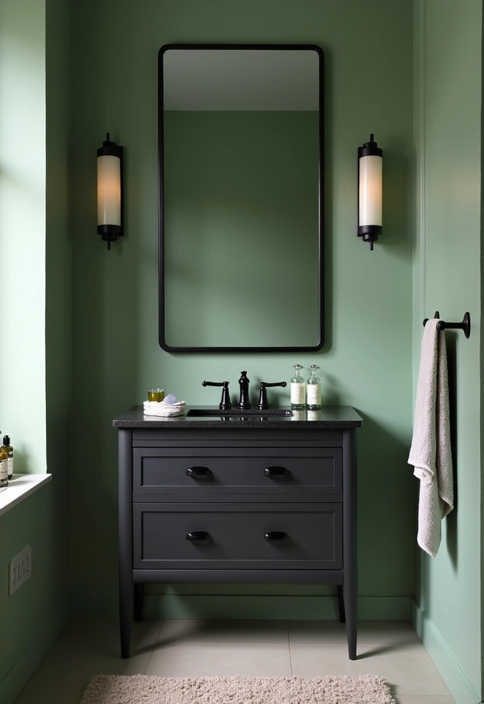 22+ Stunning Sage Green Bathroom Ideas - 14. Sage Green with Black Accents