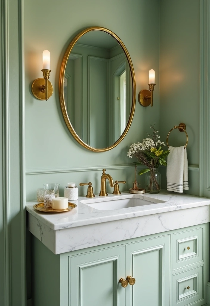 22+ Stunning Sage Green Bathroom Ideas - 4. Sage Green and Gold Accents