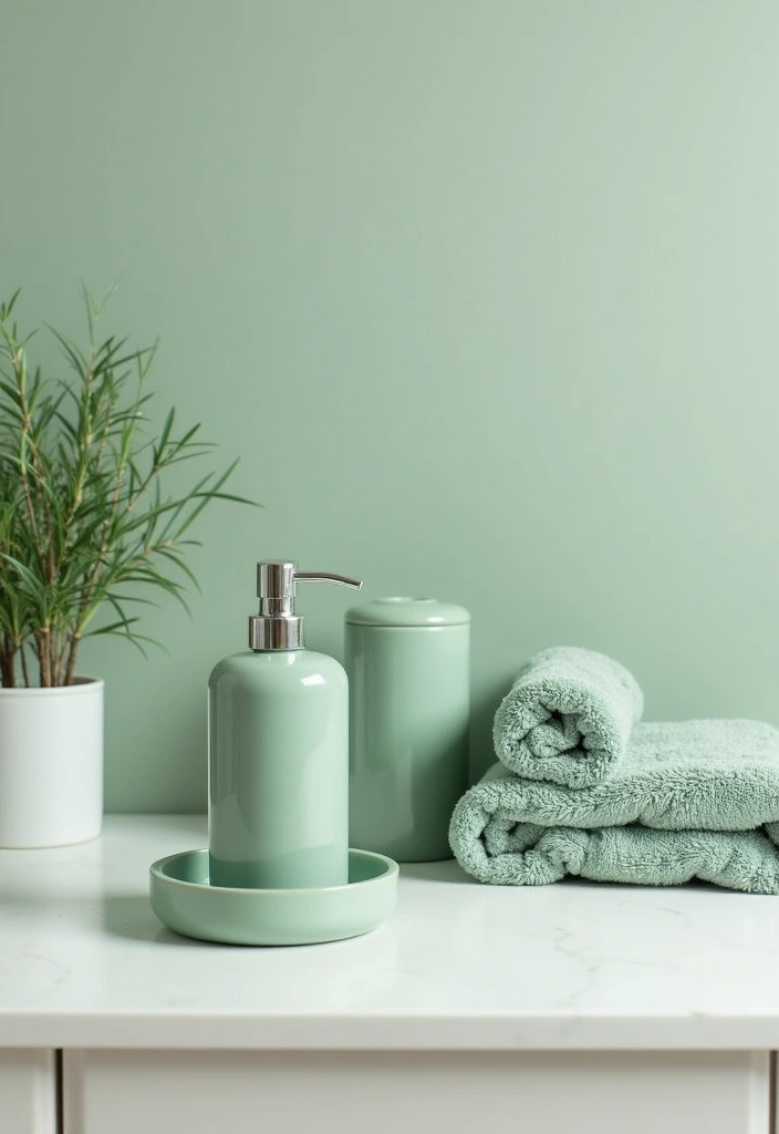 22+ Stunning Sage Green Bathroom Ideas - 8. Sage Green Accessories